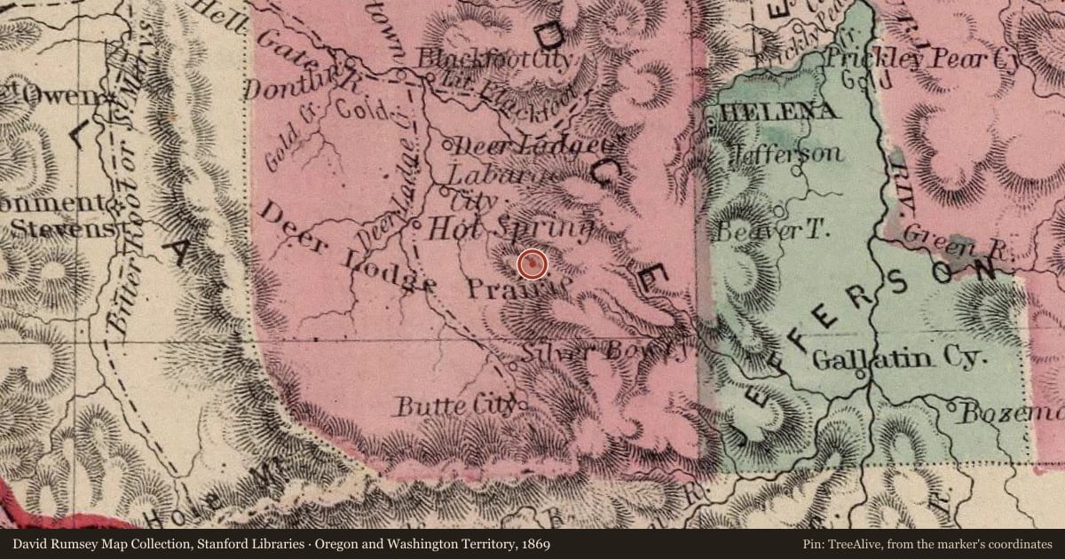 Oregon and Washington Territory, 1869, covering the location of The Anaconda-Pintler and Flint Creek Mountains, with a pin at the marker's coordinates