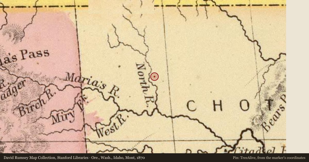 Ore., Wash., Idaho, Mont, 1870, covering the location of The Baker Massacre, with a pin at the marker's coordinates