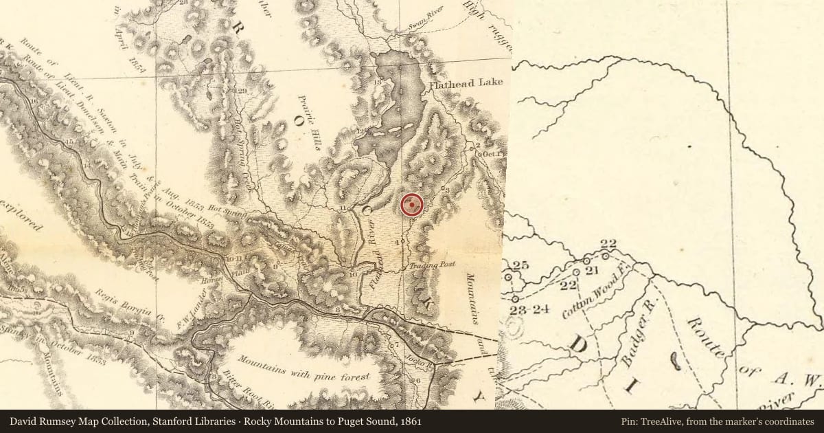 Rocky Mountains to Puget Sound, 1861, covering the location of The Beaver’s Dam: Flathead Lake, with a pin at the marker's coordinates