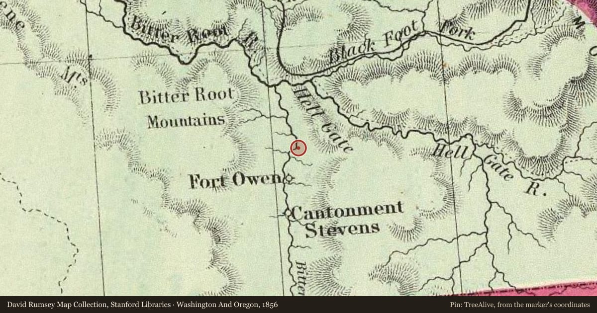 Washington And Oregon, 1856, covering the location of The Bitterroot Valley, Homeland of the Selíš, with a pin at the marker's coordinates