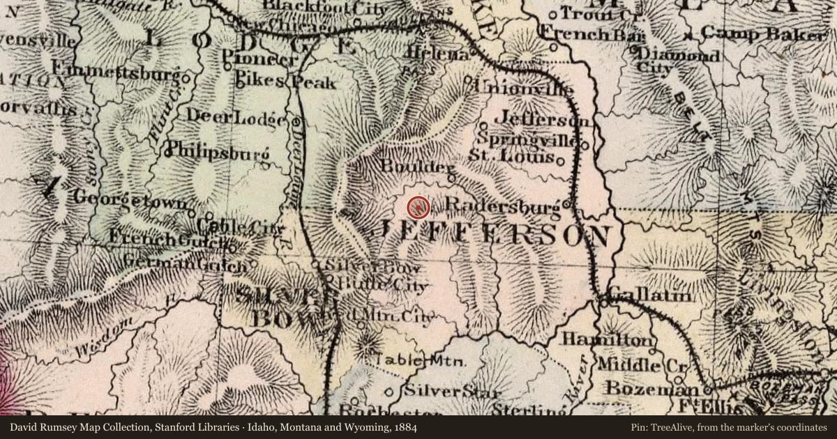 Idaho, Montana and Wyoming, 1884, covering the location of The Boulder River Bridge, with a pin at the marker's coordinates