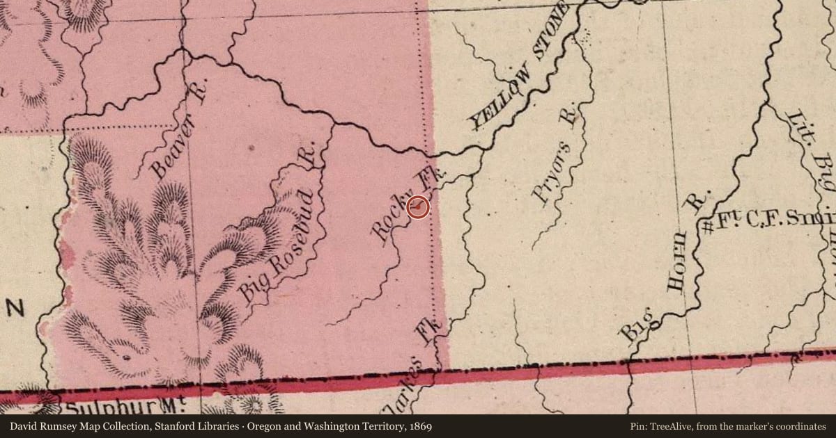 Oregon and Washington Territory, 1869, covering the location of The Bozeman Trail, with a pin at the marker's coordinates