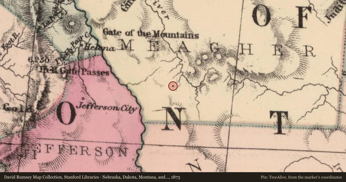 Nebraska, Dakota, Montana, and Wyoming, 1873, covering the location of The Carroll Trail, with a pin at the marker's coordinates
