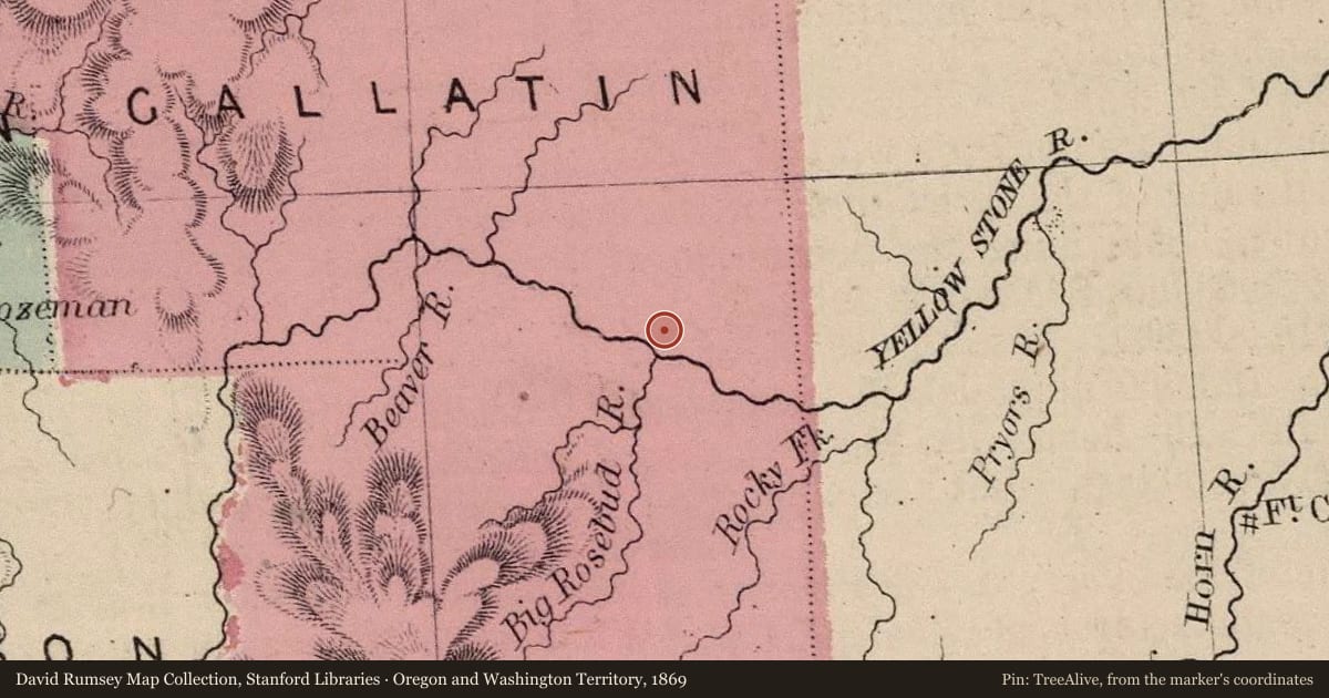 Oregon and Washington Territory, 1869, covering the location of The Cattle Drive of 1866, with a pin at the marker's coordinates