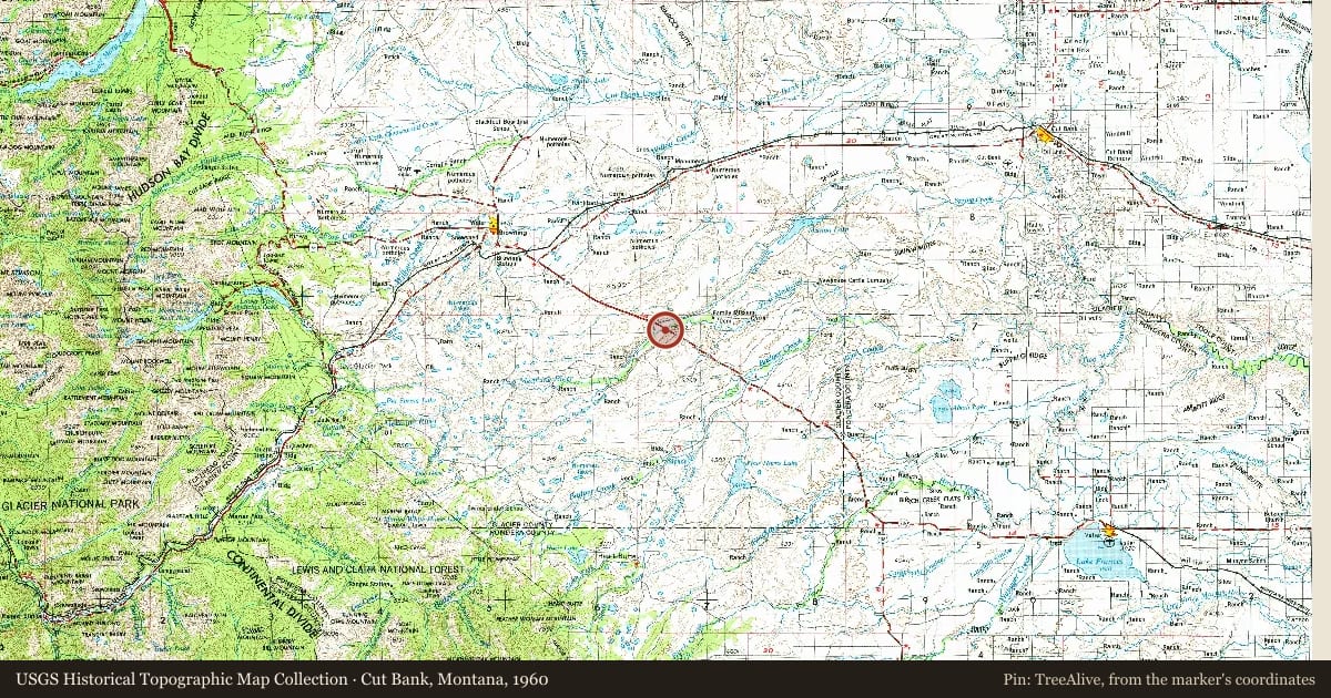 Cut Bank, Montana, 1960, covering the location of The Coldfeet School, with a pin at the marker's coordinates