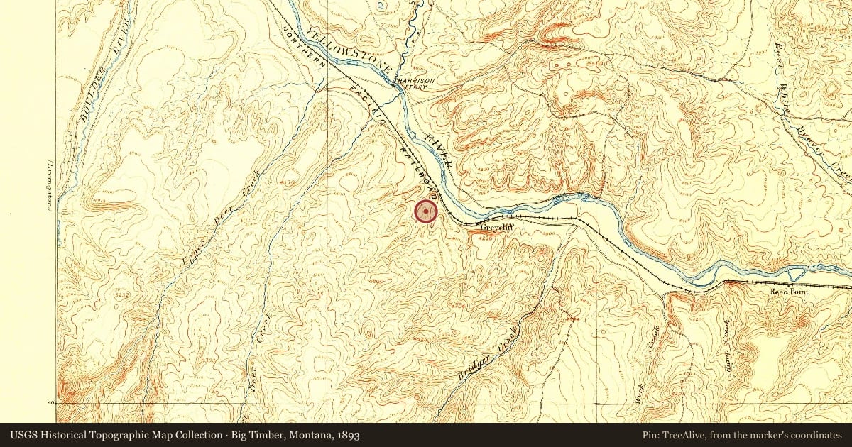 Big Timber, Montana, 1893, covering the location of “The Crazy Mountains”, with a pin at the marker's coordinates