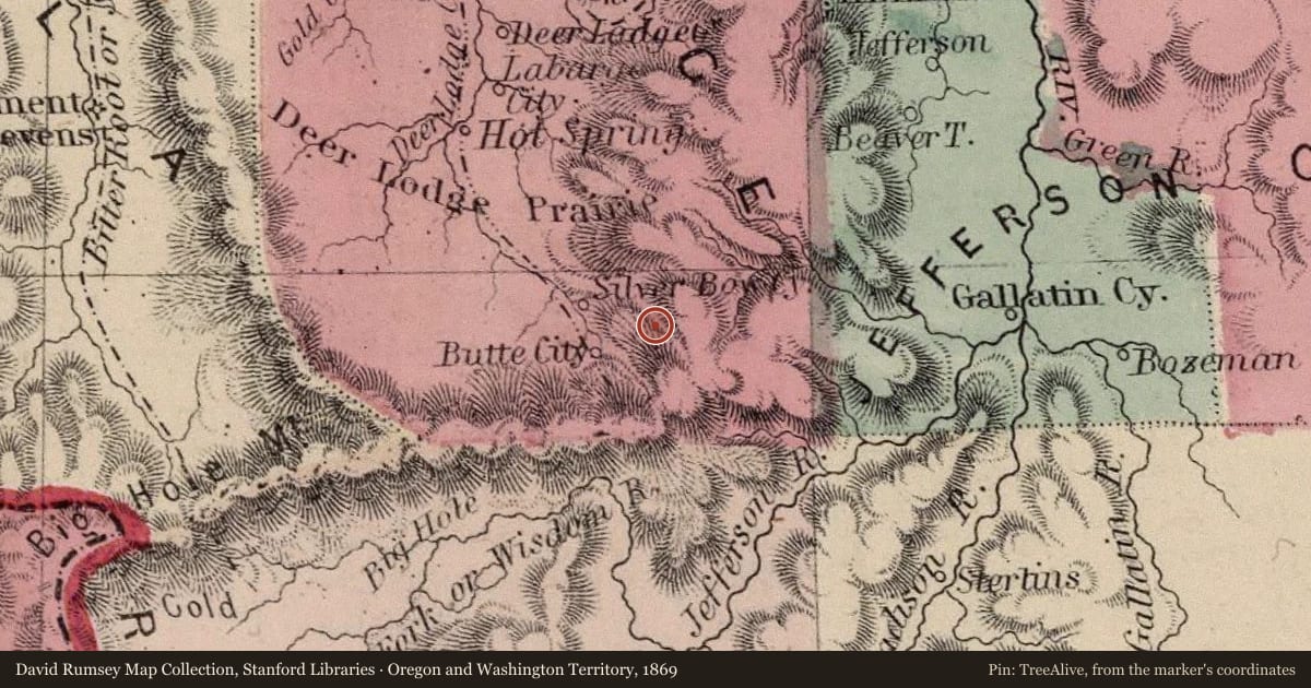 Oregon and Washington Territory, 1869, covering the location of The Divide Valley, with a pin at the marker's coordinates