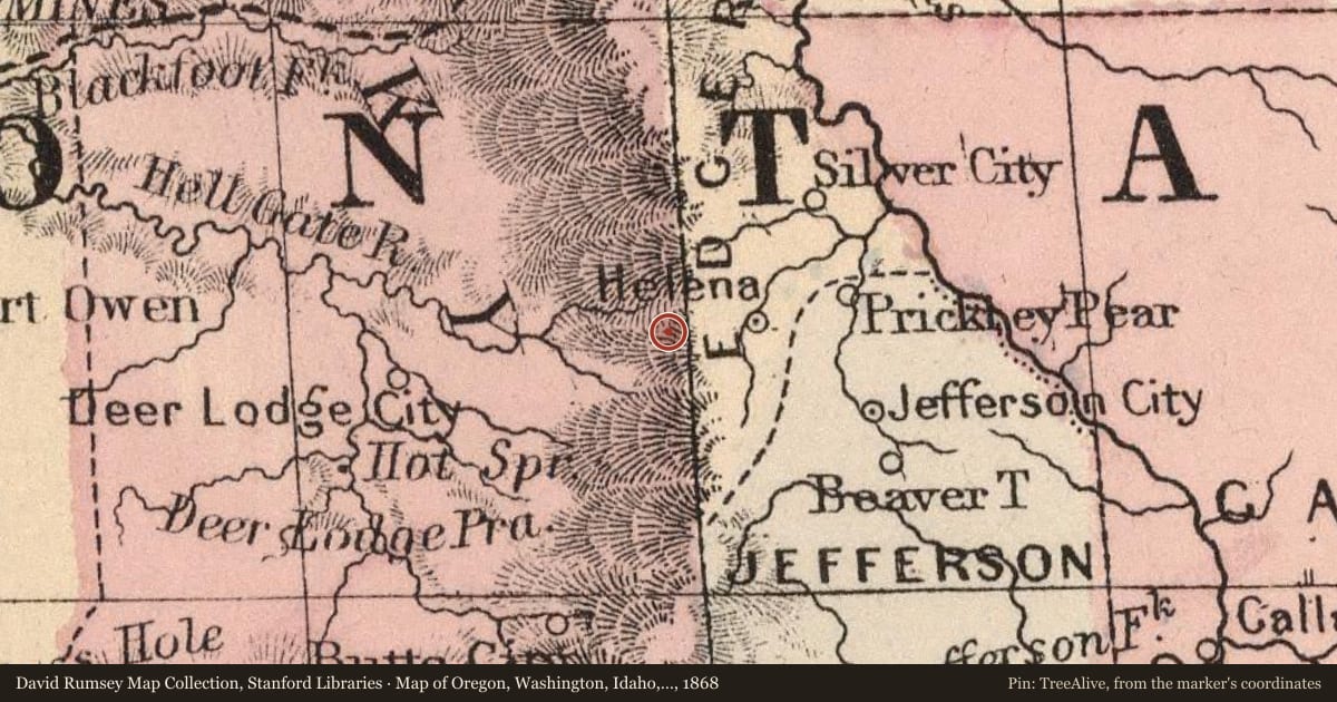 Map of Oregon, Washington, Idaho, and part of Montana, 1868, covering the location of The Frenchwoman’s Road, with a pin at the marker's coordinates