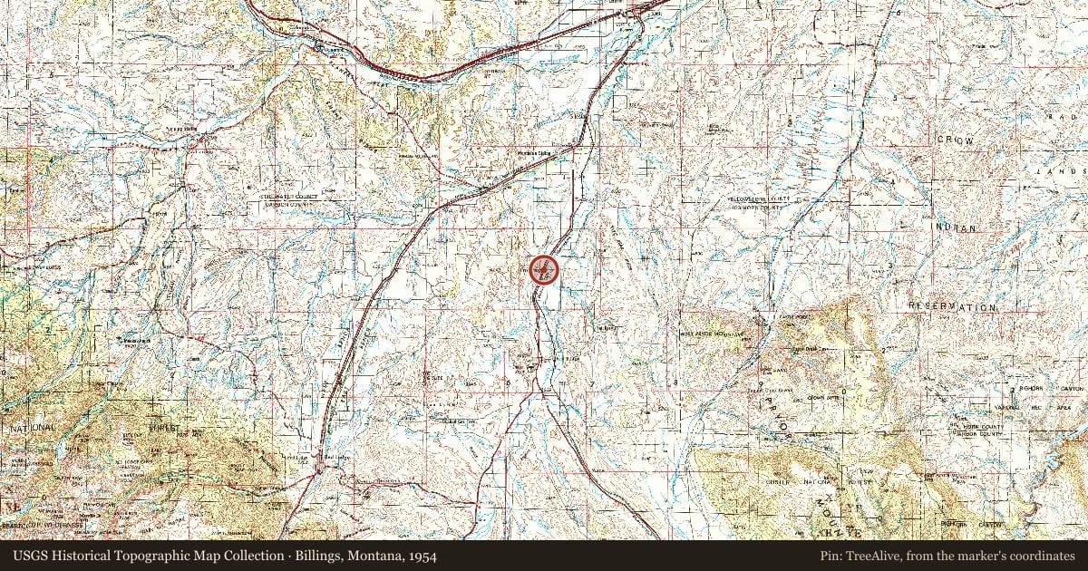 Billings, Montana, 1954, covering the location of The Fromberg Bridge, with a pin at the marker's coordinates