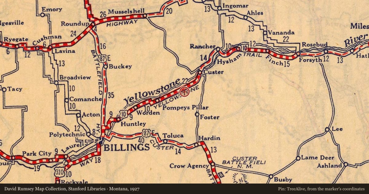 Montana, 1927, covering the location of The Great Highway of the Northwest: The Yellowstone Trail, with a pin at the marker's coordinates