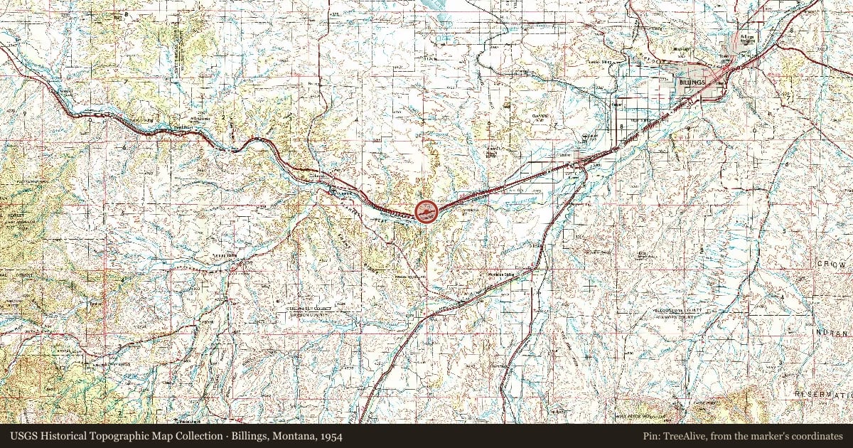 Billings, Montana, 1954, covering the location of The Great Inland Seaway, with a pin at the marker's coordinates