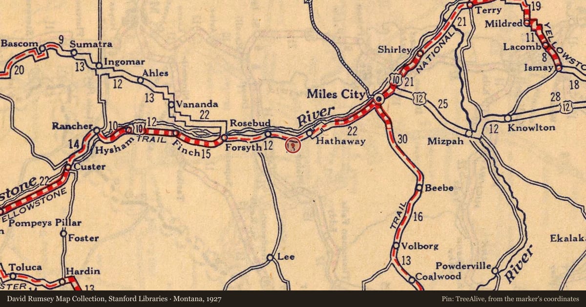 Montana, 1927, covering the location of The Hell Creek Formation, with a pin at the marker's coordinates