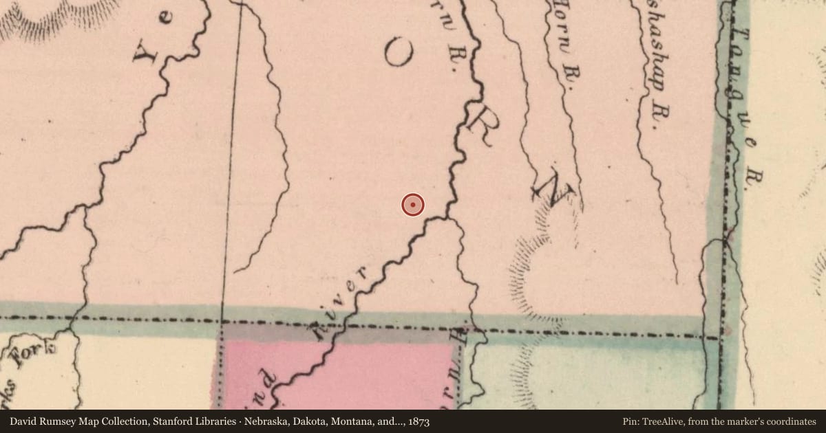Nebraska, Dakota, Montana, and Wyoming, 1873, covering the location of The Hell Creek Formation, with a pin at the marker's coordinates