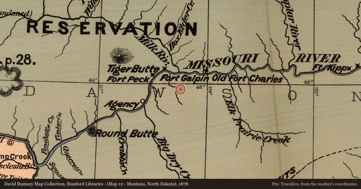 (Map 12 - Montana, North Dakota), 1878, covering the location of The Hell Creek Formation, with a pin at the marker's coordinates