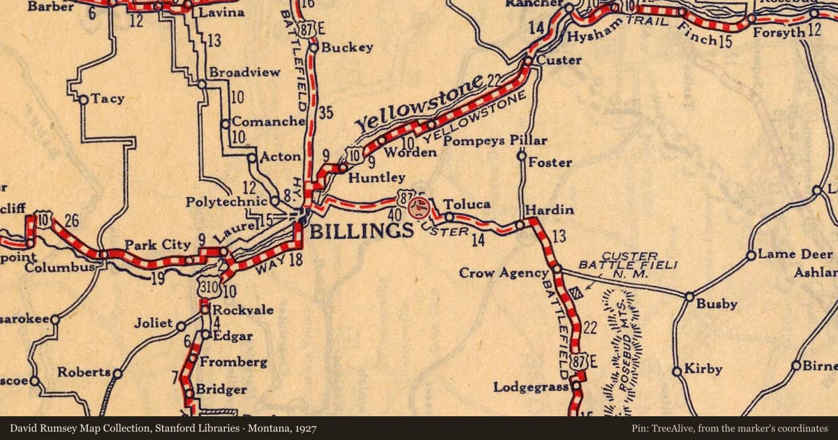 Montana, 1927, covering the location of The Highway Where the Country Meets the Stranger, with a pin at the marker's coordinates