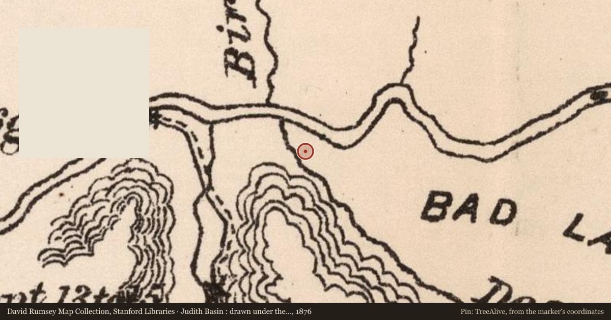 Judith Basin : drawn under the direction of Capt. W. Ludlow Corps of Engineers, 1876, covering the location of The Judith Landing, with a pin at the marker's coordinates