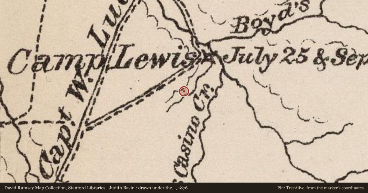 Judith Basin : drawn under the direction of Capt. W. Ludlow Corps of Engineers, 1876, covering the location of The Lewistown Army Airfield, with a pin at the marker's coordinates