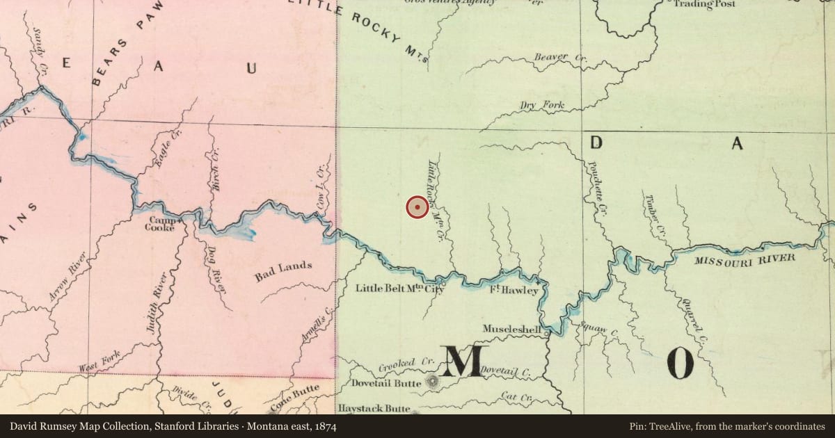 Montana east, 1874, covering the location of The Little Rocky Mountains, with a pin at the marker's coordinates