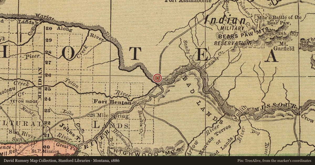 Montana, 1886, covering the location of The Manitoba Railroad, with a pin at the marker's coordinates