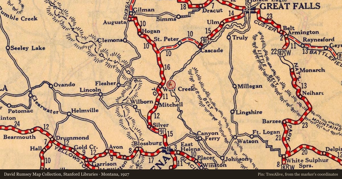Montana, 1927, covering the location of The Mann Gulch Fire, with a pin at the marker's coordinates