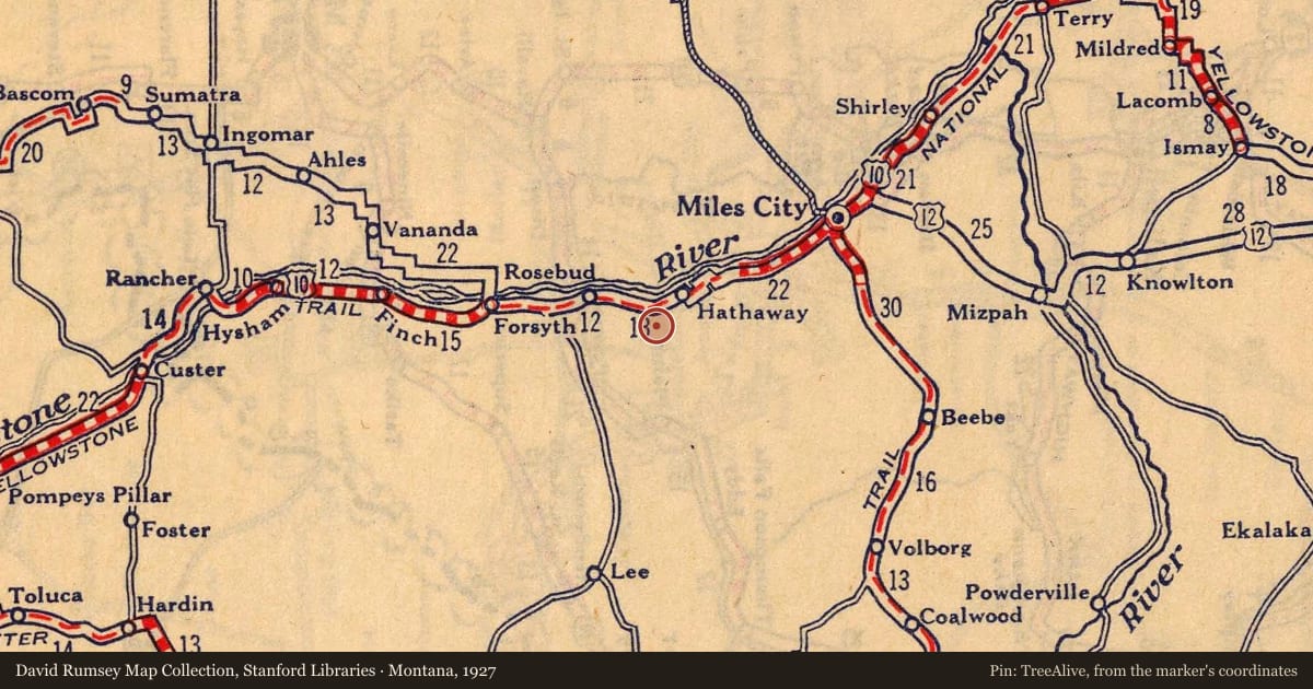 Montana, 1927, covering the location of The Miles City Air Force Radar Station, with a pin at the marker's coordinates
