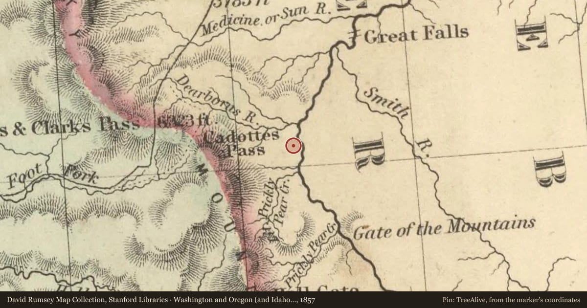 Washington and Oregon (and Idaho and Montana), 1857, covering the location of The Missouri River Canyon and Old US Highway 91, with a pin at the marker's coordinates