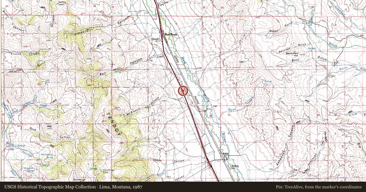 Lima, Montana, 1987, covering the location of The Montana – Utah Road, with a pin at the marker's coordinates