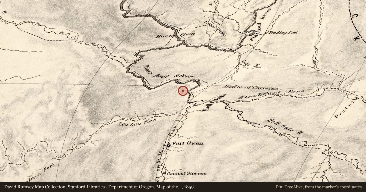 Department of Oregon. Map of the state of Oregon and Washington Territory, 1859, covering the location of The Mullan Road’s Big Side Cut, with a pin at the marker's coordinates