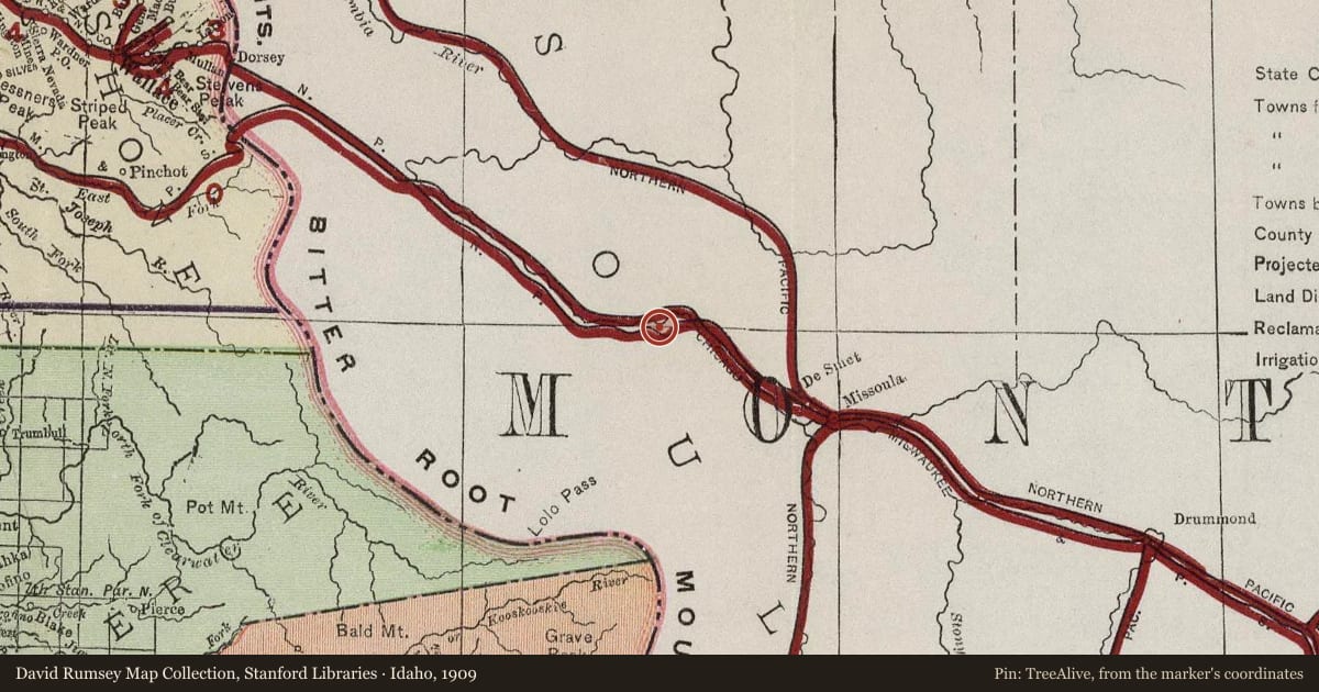 Idaho, 1909, covering the location of The Natural Pier Bridge, with a pin at the marker's coordinates