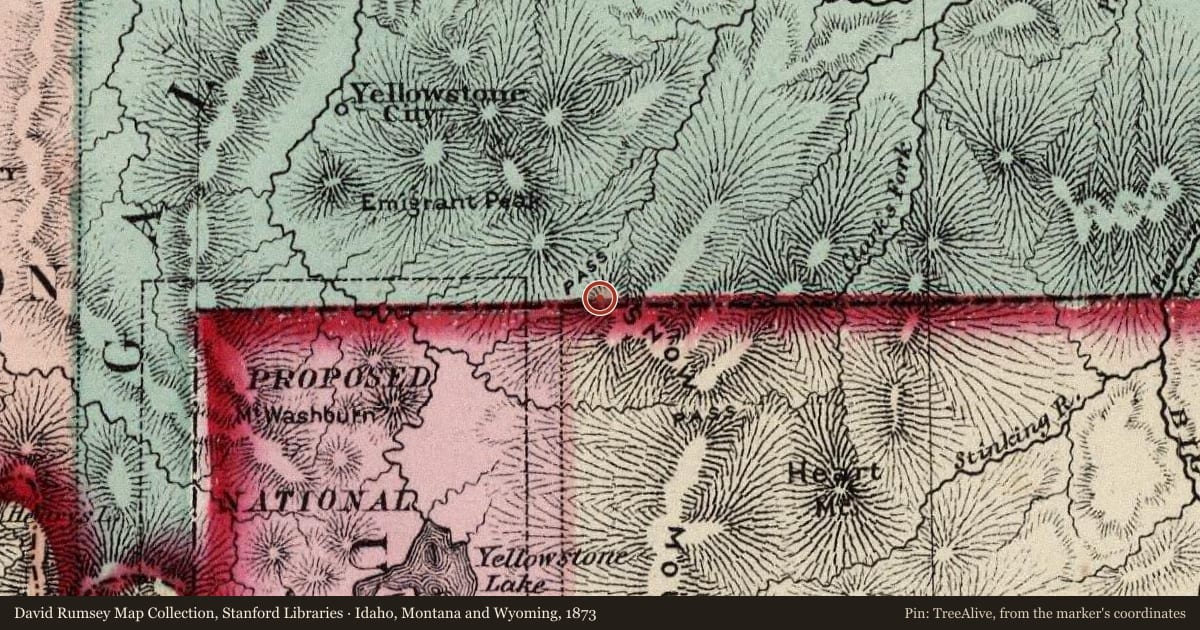 Idaho, Montana and Wyoming, 1873, covering the location of The New World Mining District, with a pin at the marker's coordinates