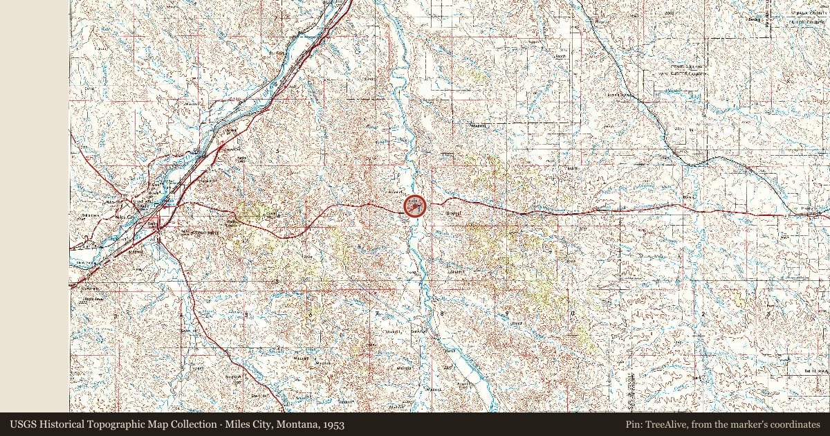 Miles City, Montana, 1953, covering the location of The Powder River and the Red Trail, with a pin at the marker's coordinates