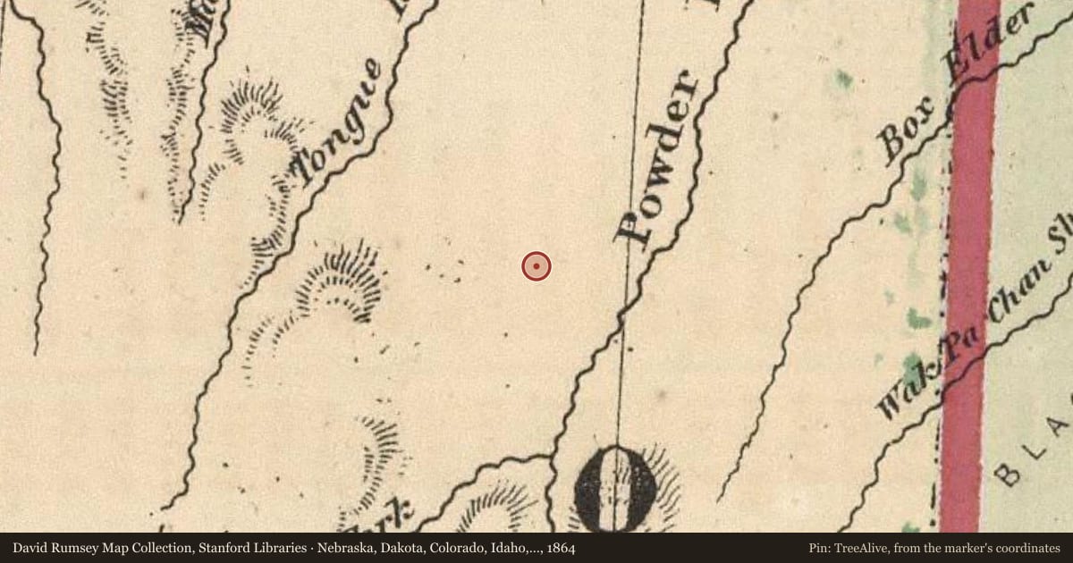 Nebraska, Dakota, Colorado, Idaho, Kansas, 1864, covering the location of The Powder River Country, with a pin at the marker's coordinates