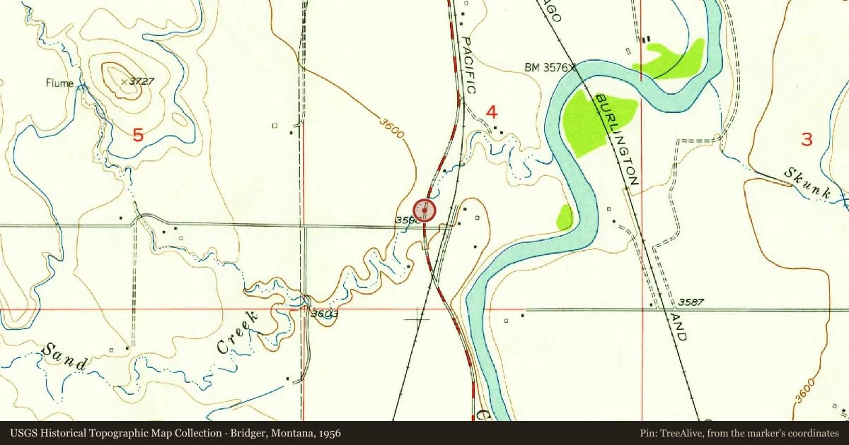 Bridger, Montana, 1956, covering the location of The Pryor Mountains, with a pin at the marker's coordinates