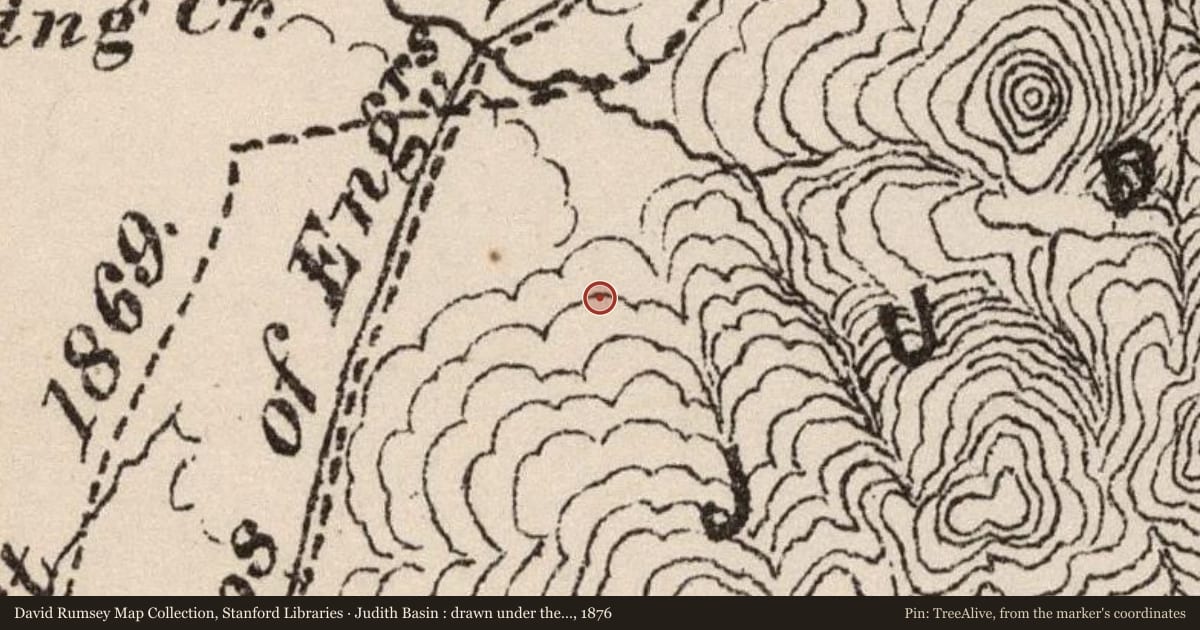 Judith Basin : drawn under the direction of Capt. W. Ludlow Corps of Engineers, 1876, covering the location of The Queen of the Judith Basin, with a pin at the marker's coordinates