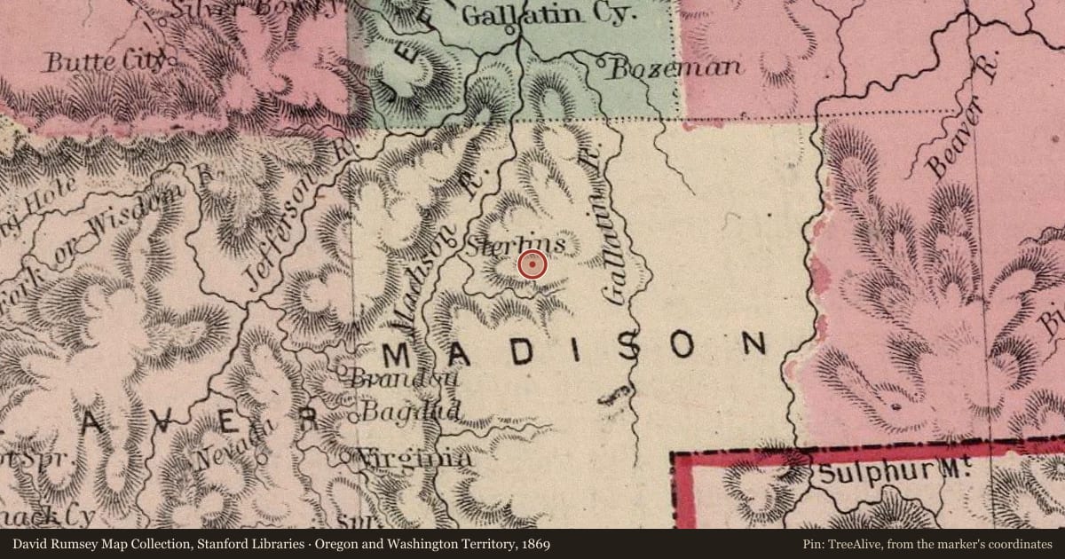 Oregon and Washington Territory, 1869, covering the location of The Shining Mountains, with a pin at the marker's coordinates