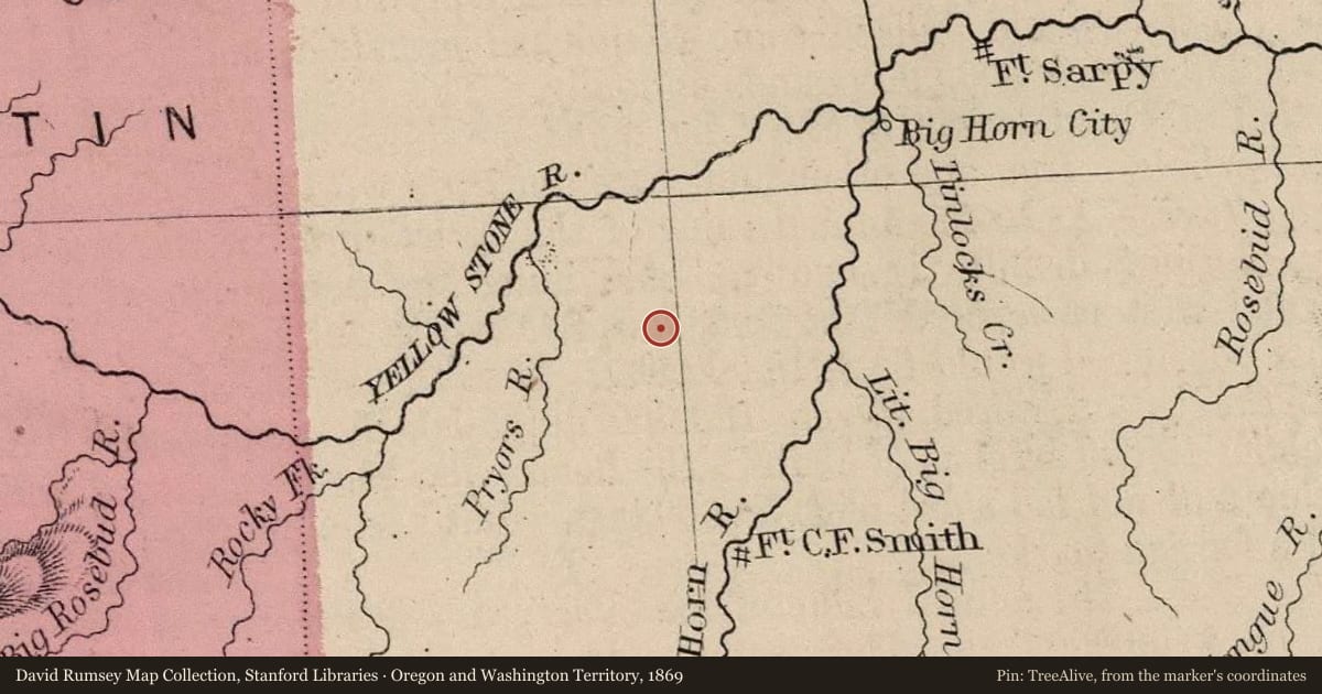 Oregon and Washington Territory, 1869, covering the location of The Shore of an Ancient Sea, with a pin at the marker's coordinates