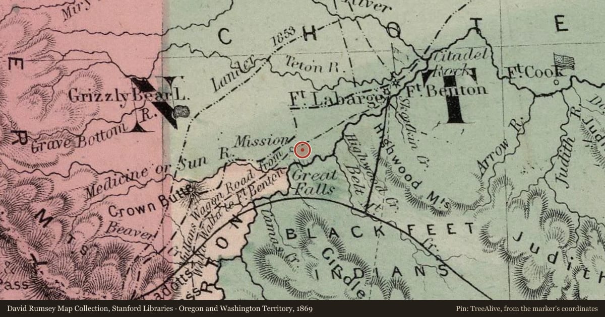 Oregon and Washington Territory, 1869, covering the location of The Sun River Leaving, with a pin at the marker's coordinates
