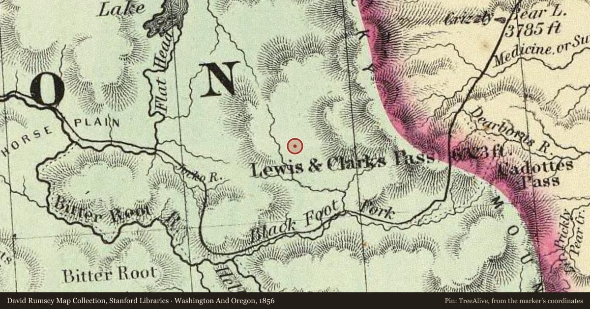 Washington And Oregon, 1856, covering the location of The Swan Massacre of 1908, with a pin at the marker's coordinates