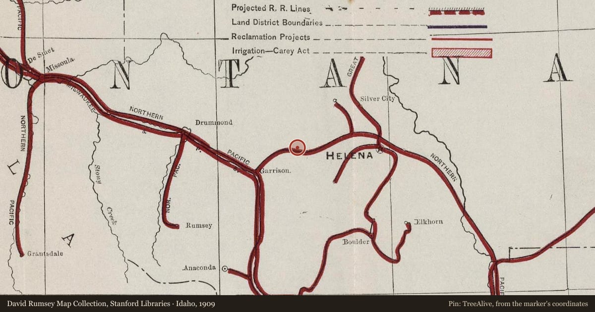 Idaho, 1909, covering the location of The Valley of a Thousand Haystacks, with a pin at the marker's coordinates