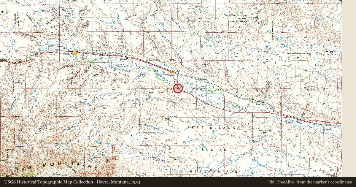 Havre, Montana, 1953, covering the location of The Vision Quest, with a pin at the marker's coordinates
