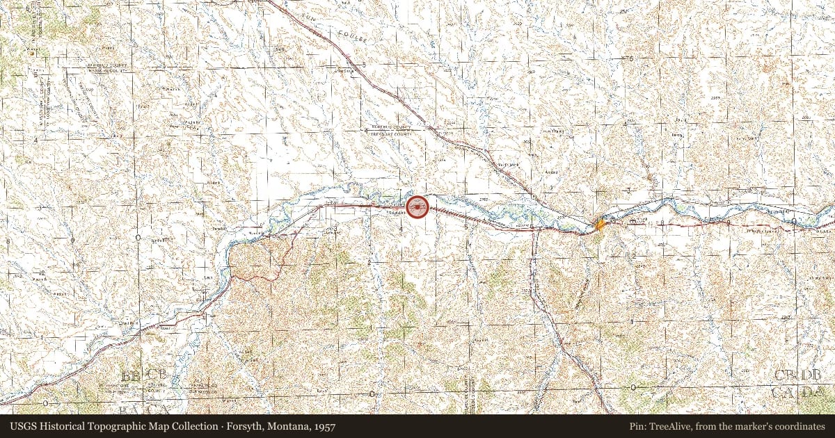Forsyth, Montana, 1957, covering the location of The Yellowstone Valley, with a pin at the marker's coordinates