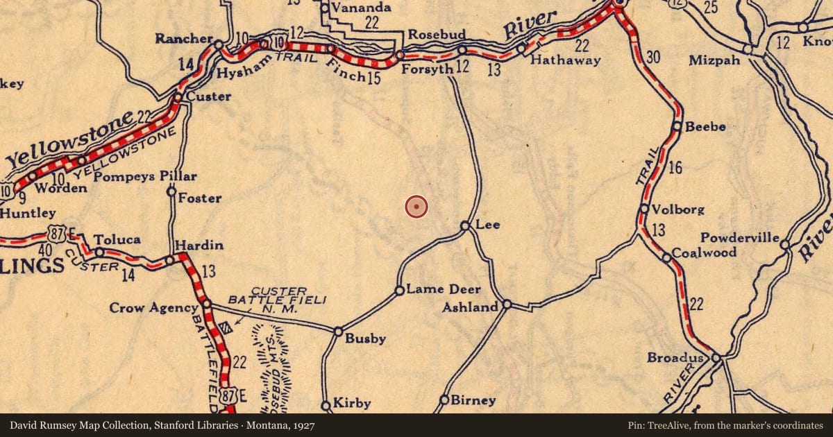 Montana, 1927, covering the location of Tongue River Sandstone and Coal, with a pin at the marker's coordinates