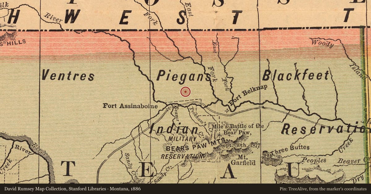 Montana, 1886, covering the location of Wahkpa Chu’gn Buffalo Jump, with a pin at the marker's coordinates