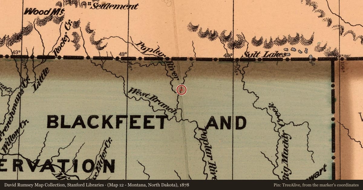 (Map 12 - Montana, North Dakota), 1878, covering the location of Wood Mountain Trail, with a pin at the marker's coordinates