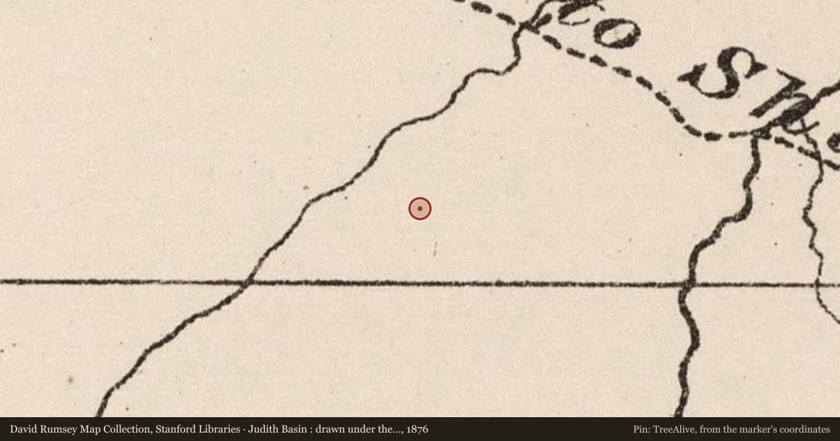 Judith Basin : drawn under the direction of Capt. W. Ludlow Corps of Engineers, 1876, covering the location of Yogo Sapphires, with a pin at the marker's coordinates