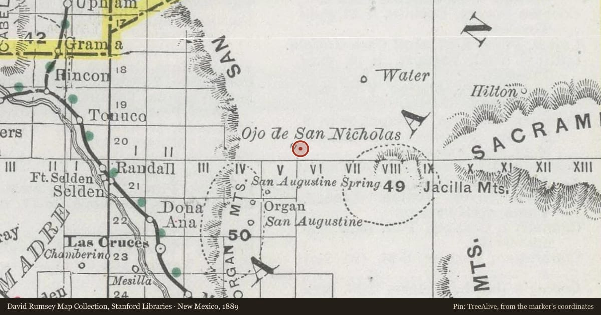 New Mexico, 1889, covering the location of Disappearance of Albert J. Fountain and his son Henry, with a pin at the marker's coordinates