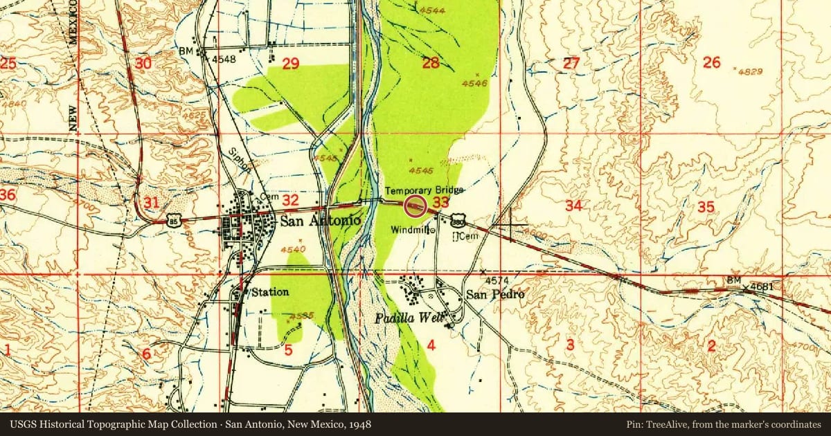 San Antonio, New Mexico, 1948, covering the location of San Pedro, with a pin at the marker's coordinates