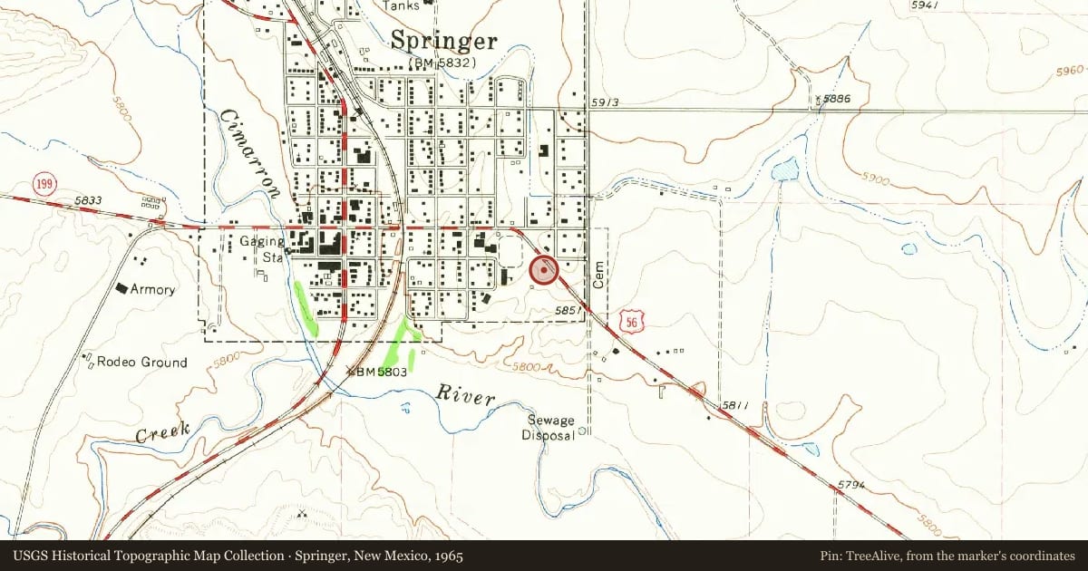 Springer, New Mexico, 1965, covering the location of Springer (2), with a pin at the marker's coordinates