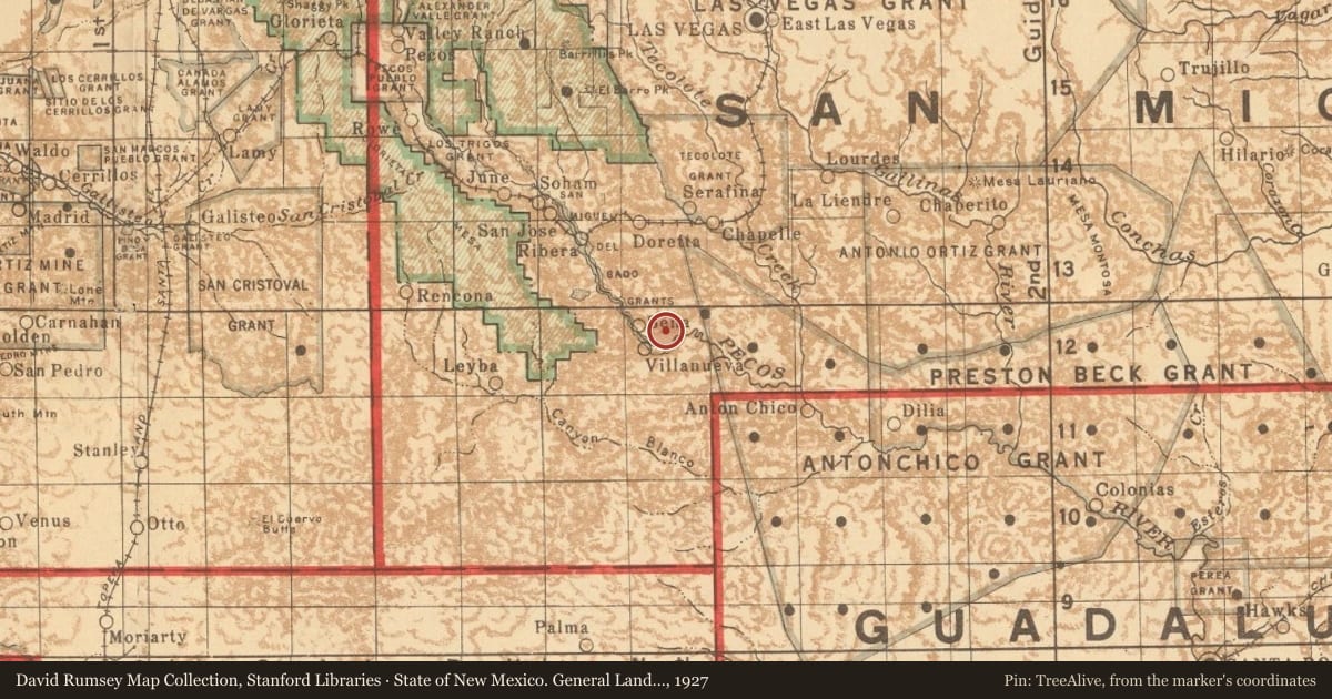 State of New Mexico. General Land Office, 1927, covering the location of Villanueva State Park, with a pin at the marker's coordinates