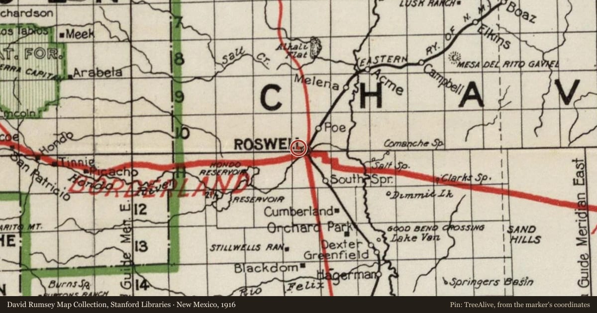 New Mexico, 1916, covering the location of Roswell Pioneer Plaza, with a pin at the marker's coordinates